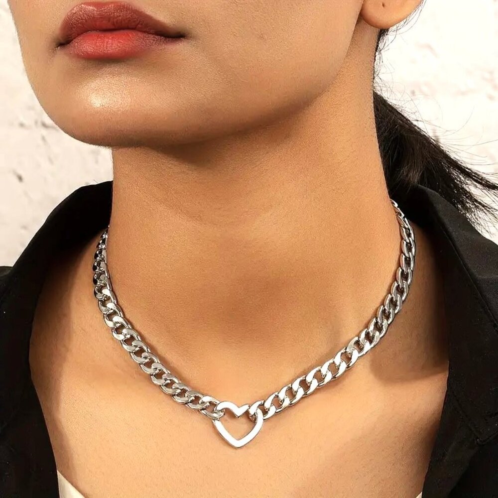 Chunky Choker Necklace Heart Cuban Chain Bold Statement Silver Sexy Exaggerated